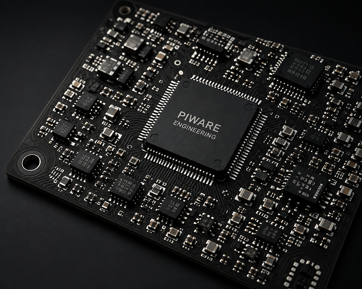 Close-up of a Piware Engineering multilayer PCB, black solder mask with an embedded microcontroller