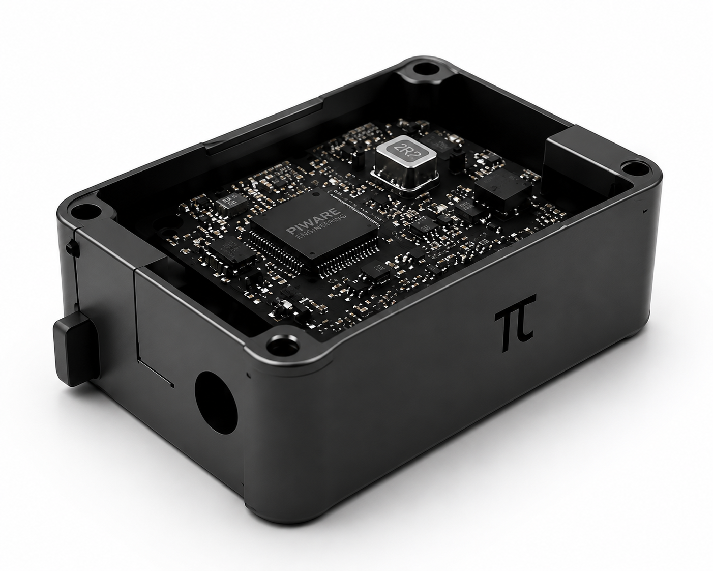 Piware Engineering product enclosure with internal PCB assembly, matte black housing